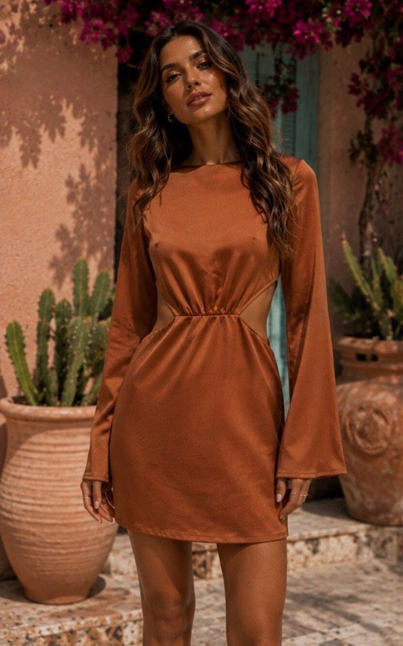 NWT Sonia Rust Satin Cutout Waist Bell Sleeve Tie-Back Mini Dress Sample Small